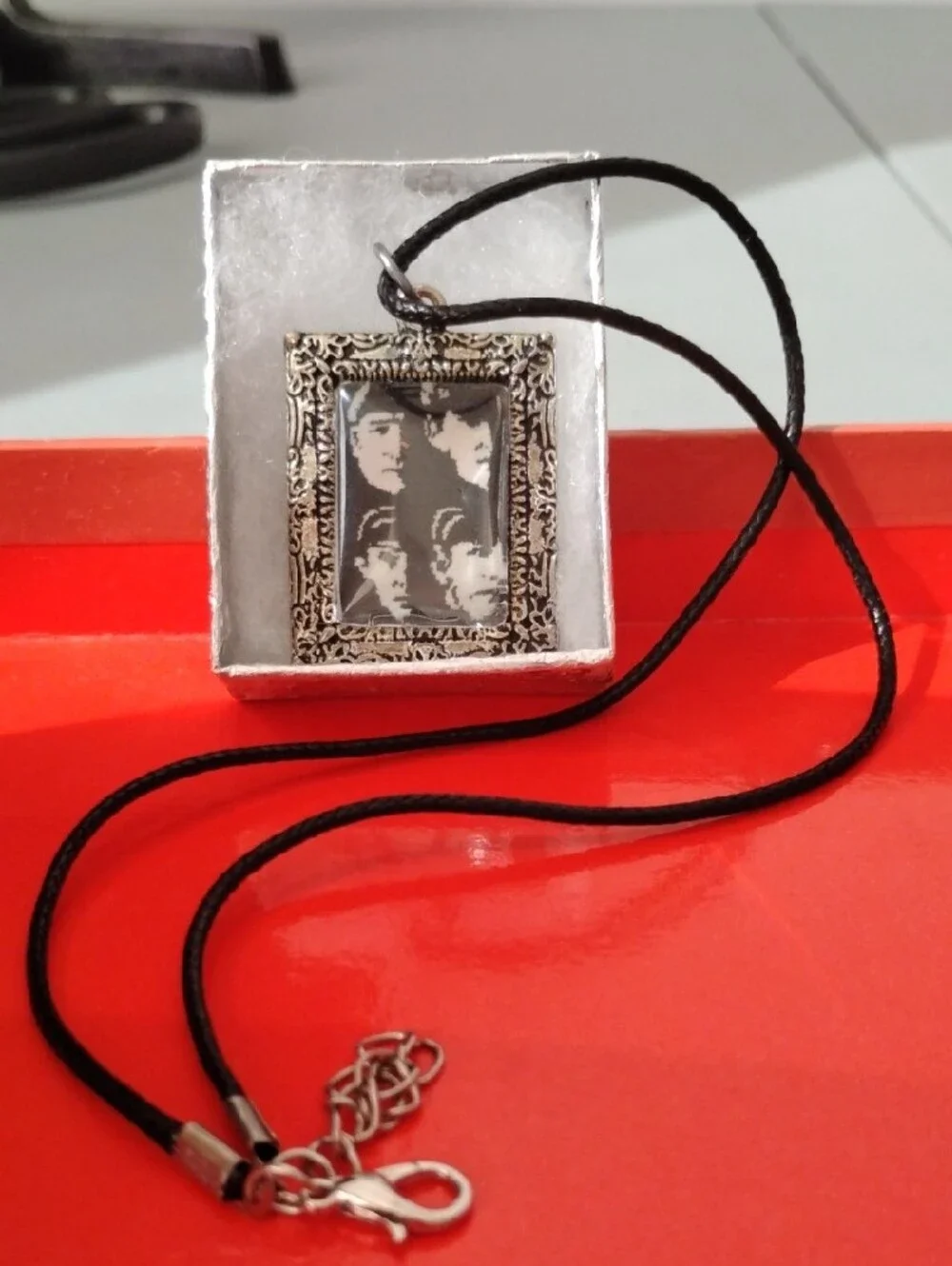 Vintage-Style Rectangular Photo Pendant Necklace - Black Cord